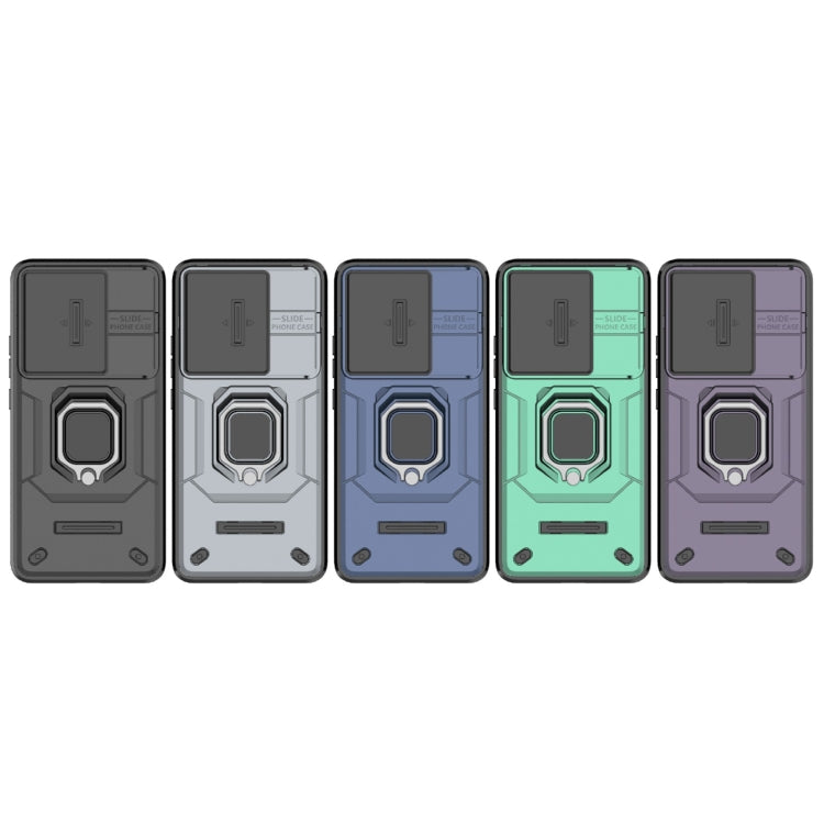 Shockproof phone case with holder in five colors: dark grey, grey, blue, green, and purple