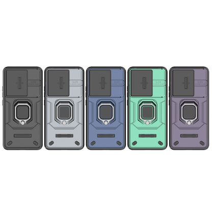 Shockproof phone case with holder in five colors: dark grey, grey, blue, green, and purple