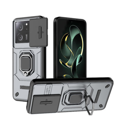 Shockproof phone case with sliding Camshield cover and holder, dark grey front and back