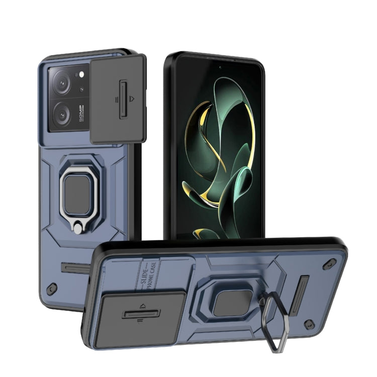 Shockproof phone case with sliding Camshield cover and holder, blue-grey front and back