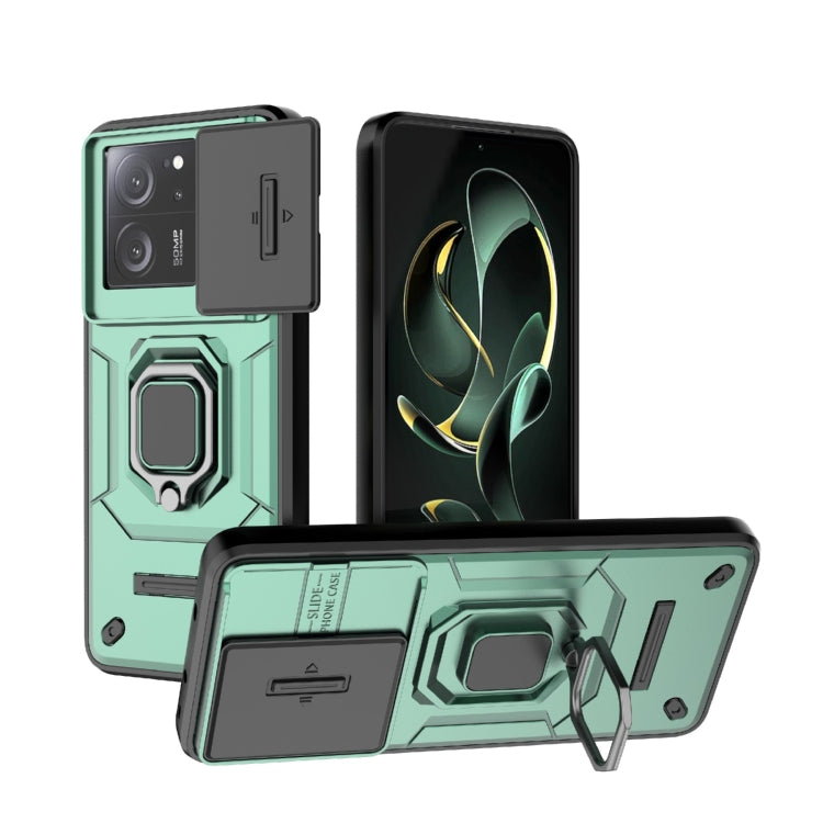 Shockproof phone case with sliding Camshield cover and holder, mint green front and back
