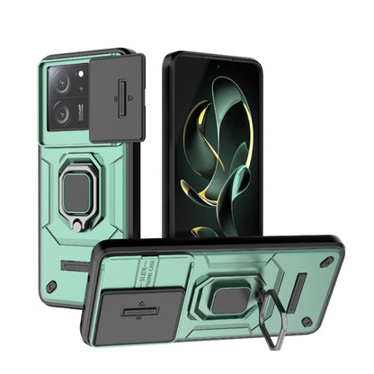 Shockproof phone case with sliding Camshield cover and holder, mint green front and back
