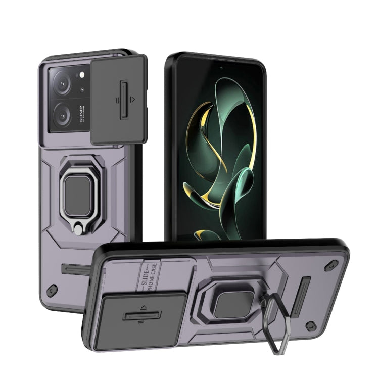 Shockproof phone case with sliding Camshield cover and holder, purple front and back