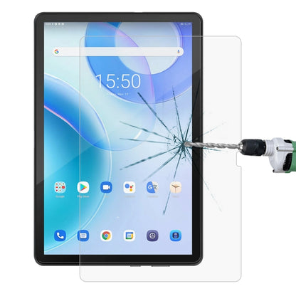Impact-resisting tempered glass screen protector film on tablet display, cracked impact area