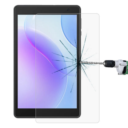 Impact-resisting tempered glass screen protector film on tablet screen, crack damage visible
