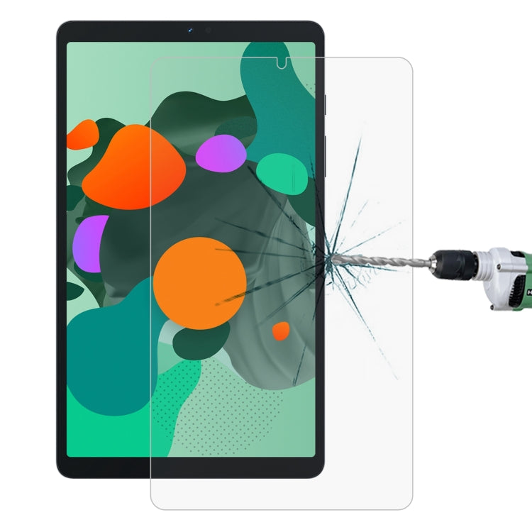 Impact-resisting tempered glass screen protector film on tablet display, cracks near right edge