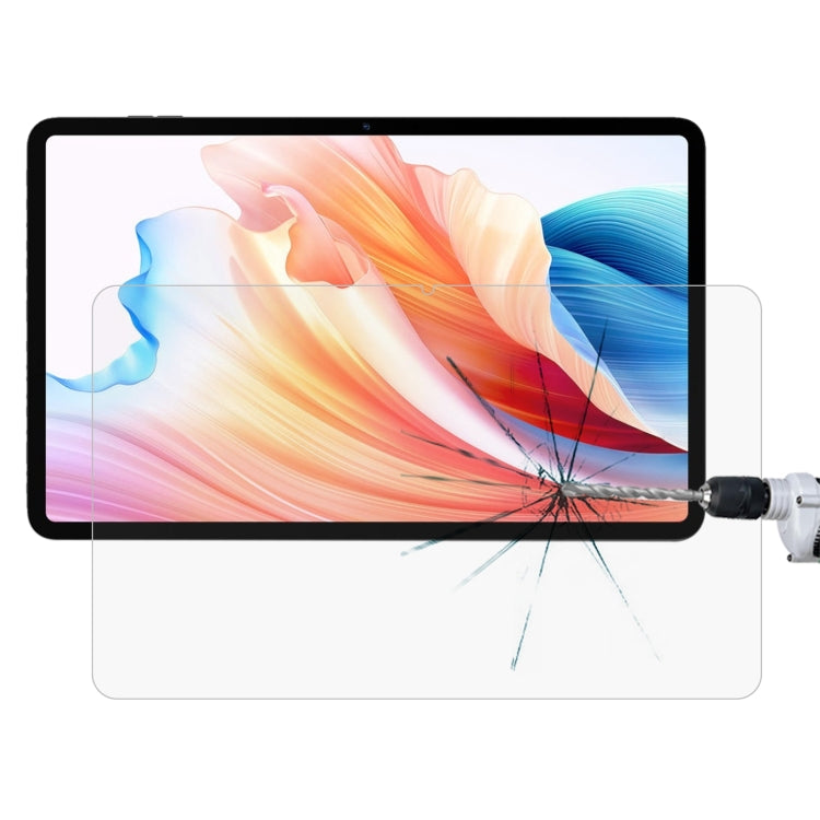 Impact-resisting tempered glass screen protector film on tablet display, crack damage near impact