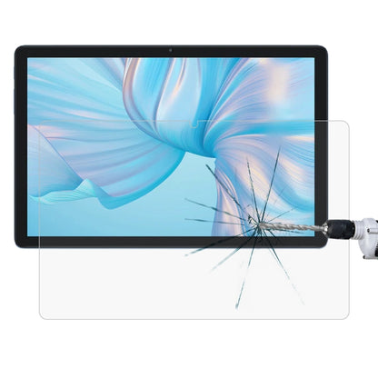 Impact-resisting tempered glass screen protector film on tablet display, spiderweb cracks