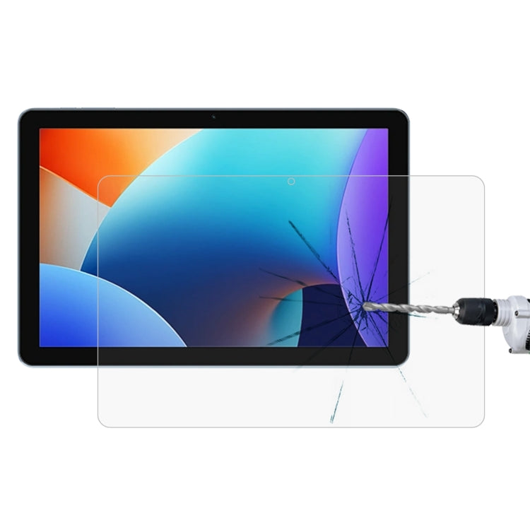 Impact-resisting tempered glass screen protector film on tablet display, crack lines visible