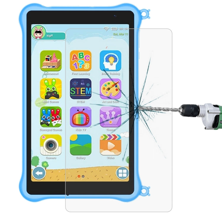0.3mm explosion-proof tempered glass screen protector on tablet with blue case, impact tool shown