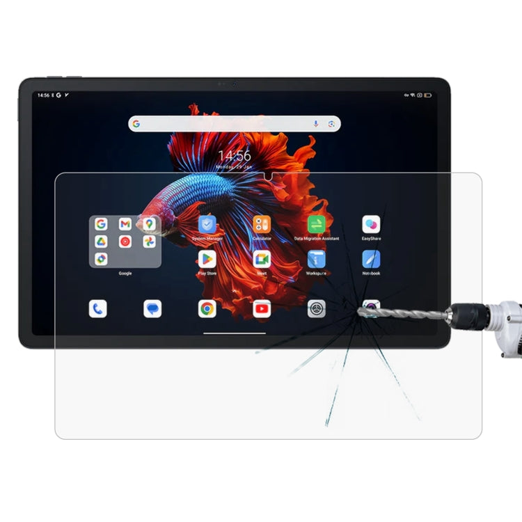 Impact-resisting tempered glass screen protector film on tablet display, clear overlay