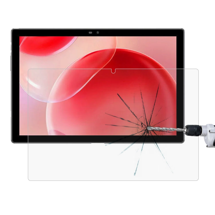 Impact-resisting tempered glass screen protector film on tablet display, crack lines visible