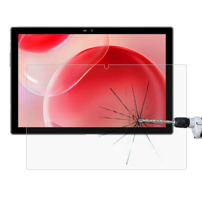 Impact-resisting tempered glass screen protector film on tablet display, crack lines visible