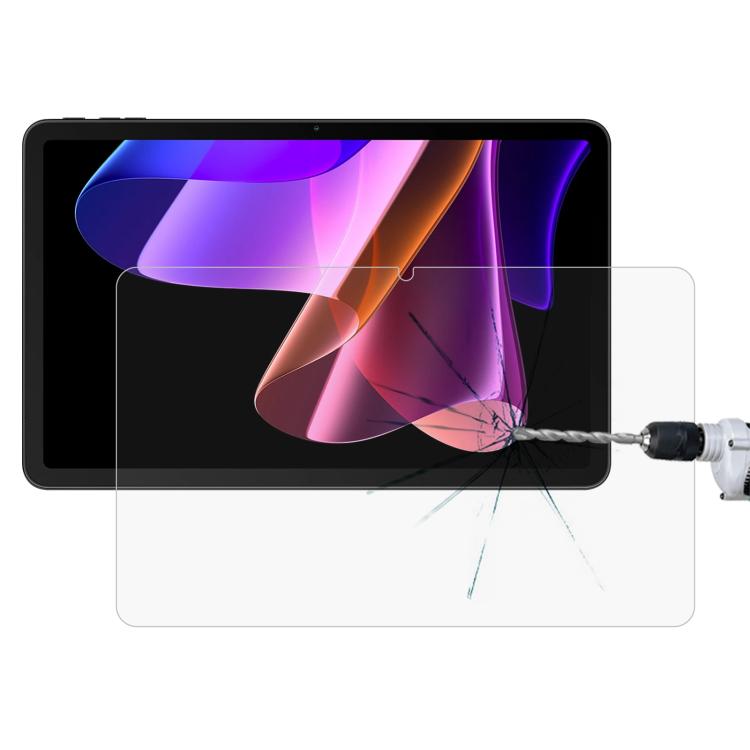 Explosion-proof tempered glass screen protector film on tablet screen with cracked impact area