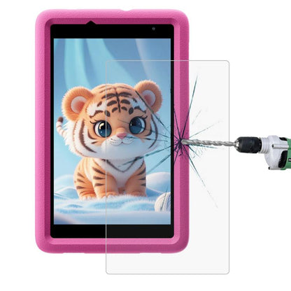 0.3mm explosion-proof tempered glass screen protector on tablet in pink case, cracks visible