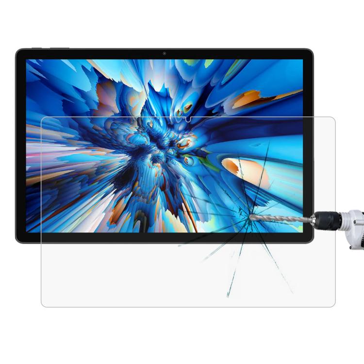 Impact-resisting tempered glass screen protector film on tablet display, shatter pattern shown