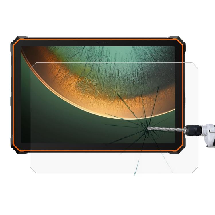 Impact-resisting tempered glass screen protector film on tablet display, cracks at center