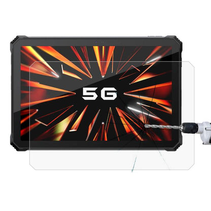 Explosion-proof tempered glass screen protector film on rugged tablet display with impact tool