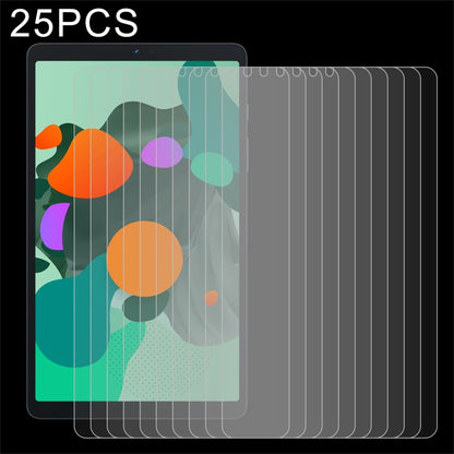 25-pack tempered glass screen protector films, stacked on a tablet face