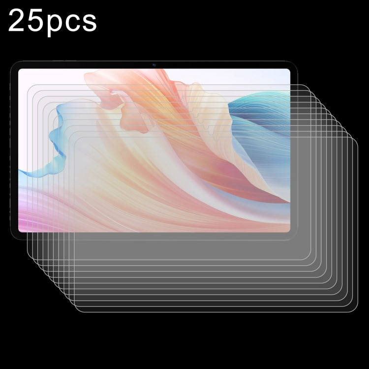 Set of 25 tempered glass screen protectors, layered over tablet display