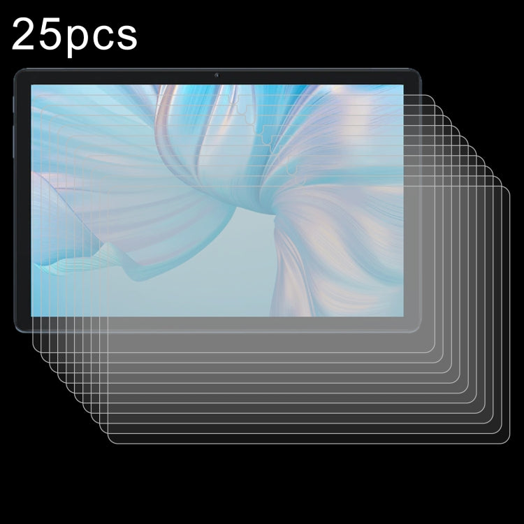 Tablet tempered glass protector set of 25, stacked and aligned on screen
