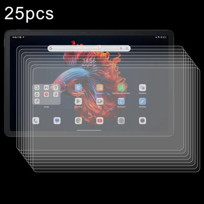 Set of 25 tempered glass screen protectors, layered over a tablet display