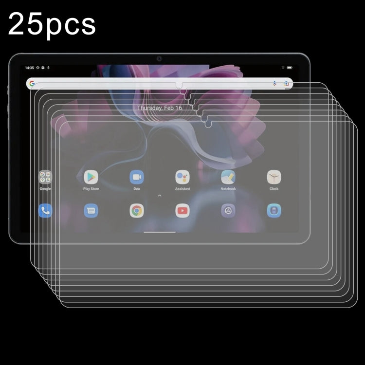 25-pack tempered glass screen protector film, multiple clear layers over tablet display