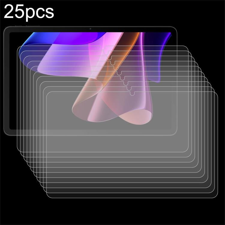 Clear tempered glass tablet screen protector films, stacked set of 25