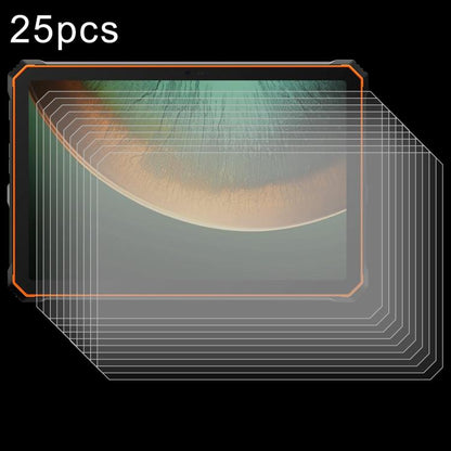 Layered 25-pack tempered glass screen protectors on a tablet front