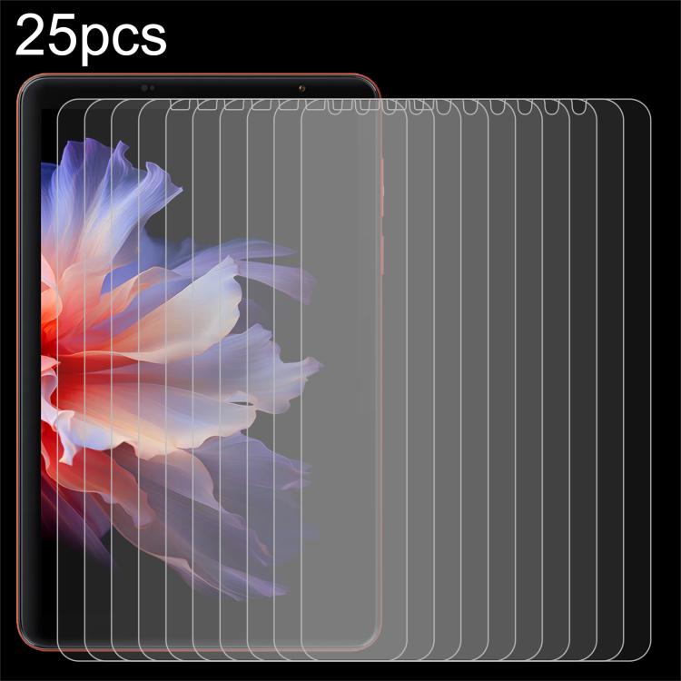 Stack of 25 clear 9H tempered glass screen protector films, tablet size