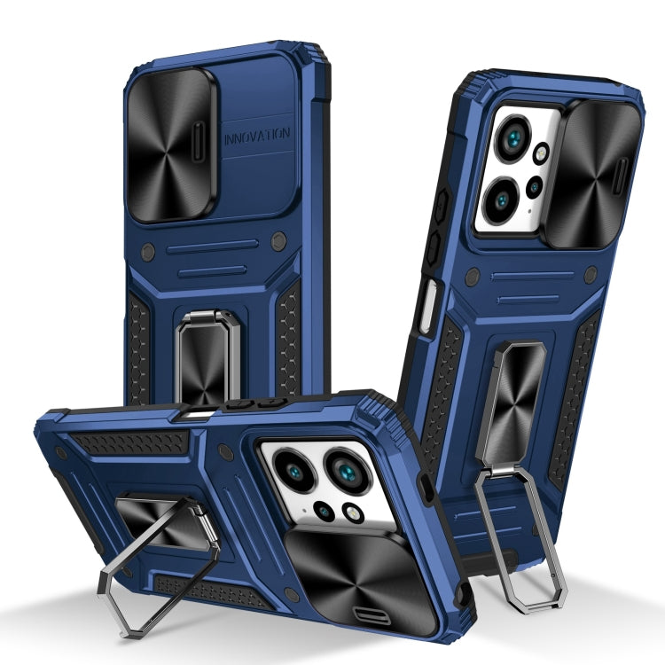 Rugged blue hybrid phone case with kickstand and raised camera bezel.