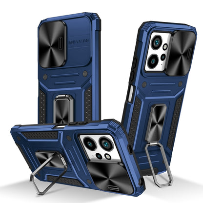 Rugged blue hybrid phone case with kickstand and raised camera bezel.