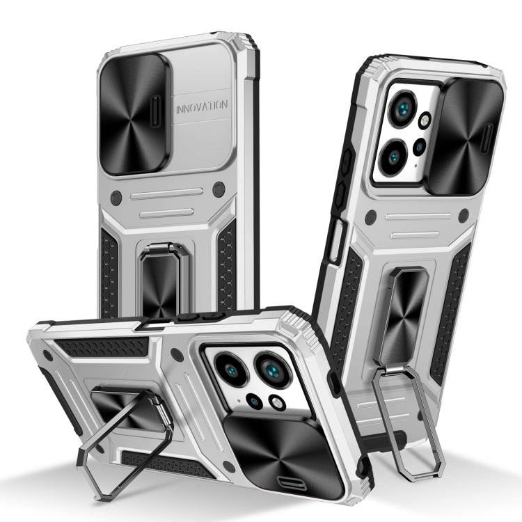 Rugged silver hybrid phone case with kickstand and raised camera bezel.