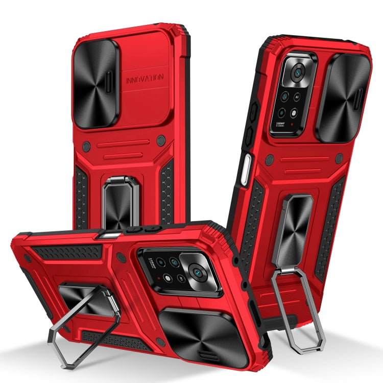 Rugged robot phone case with built-in stand, shockproof TPU and PC shell, red/black