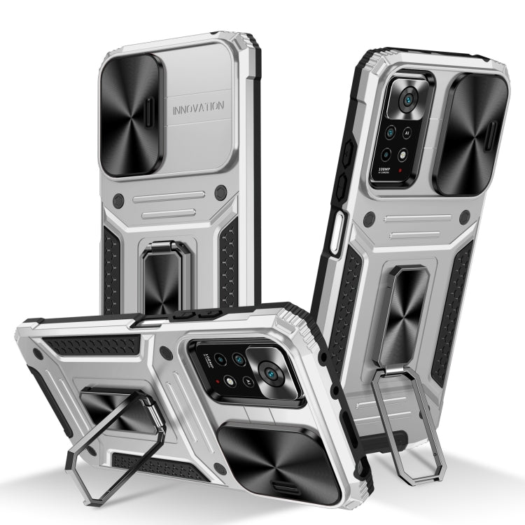 Rugged robot phone case with built-in stand, shockproof TPU and PC shell, silver/black