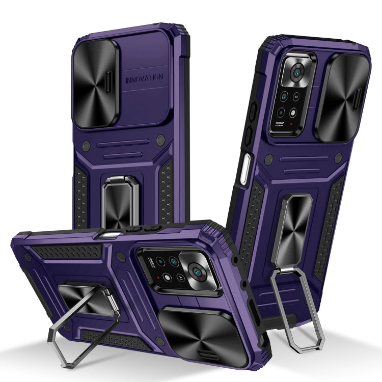 Rugged robot phone case with built-in stand, shockproof TPU and PC shell, purple/black
