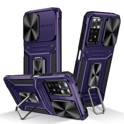 Rugged robot phone case with built-in stand, shockproof TPU and PC shell, purple/black
