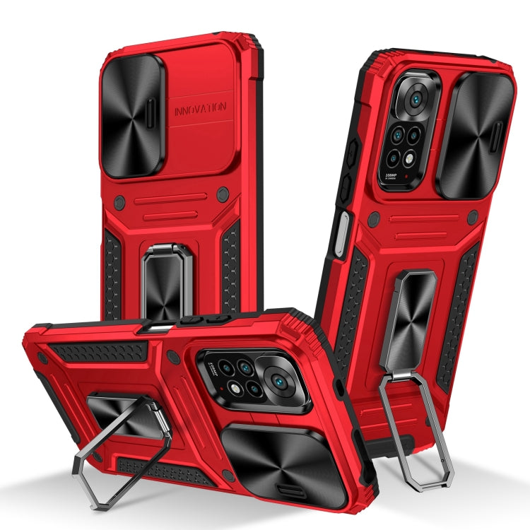 Rugged robot phone case with built-in stand, shockproof TPU and PC shell, red/black