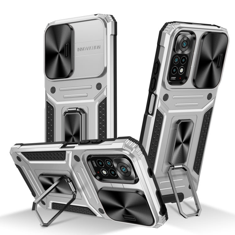 Silver robot TPU hybrid phone case with kickstand and raised camera protection