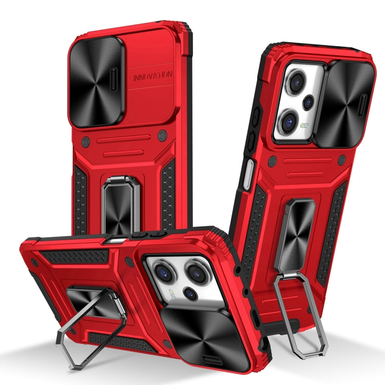 Rugged red hybrid phone case with kickstand, side buttons, and camera guard.