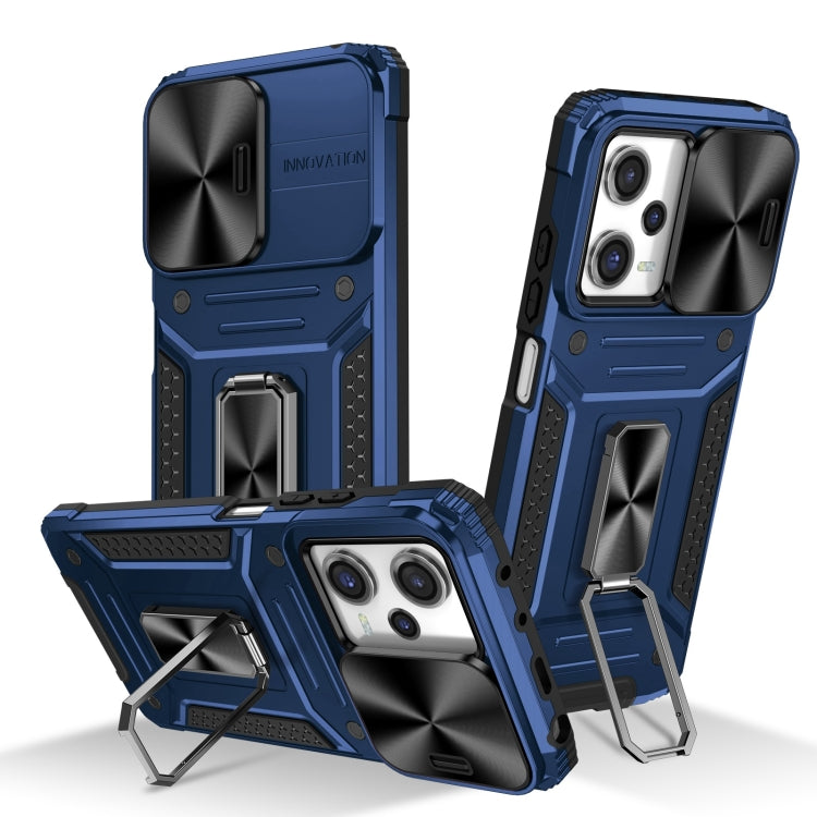 Rugged blue hybrid phone case with kickstand, side buttons, and camera guard.
