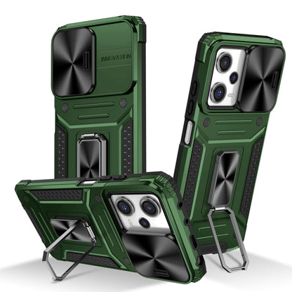 Rugged green hybrid phone case with kickstand, side buttons, and camera guard.