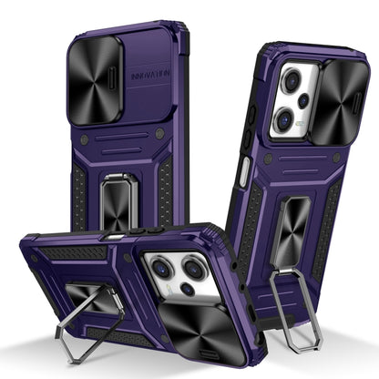 Rugged robot phone case with built-in stand, shockproof TPU and PC shell, purple/black