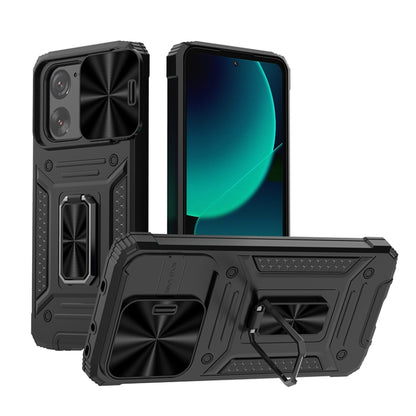 Armored hybrid phone case with kickstand, black back and black camera cover