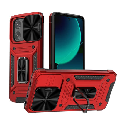 Armored hybrid phone case with kickstand, red back and black camera cover