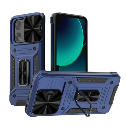 Armored hybrid phone case with kickstand, blue back and black camera cover