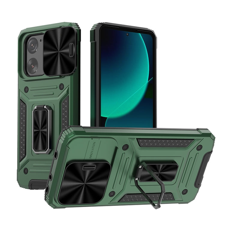 Armored hybrid phone case with kickstand, green back and black camera cover