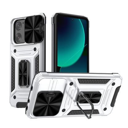 Armored hybrid phone case with kickstand, white back and black camera cover