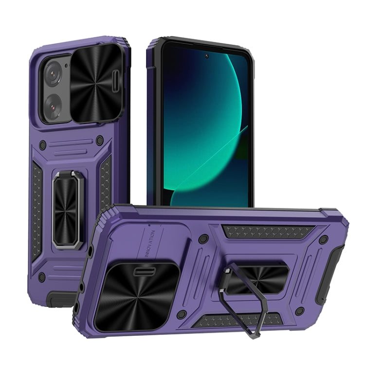 Armored hybrid phone case with kickstand, purple back and black camera cover