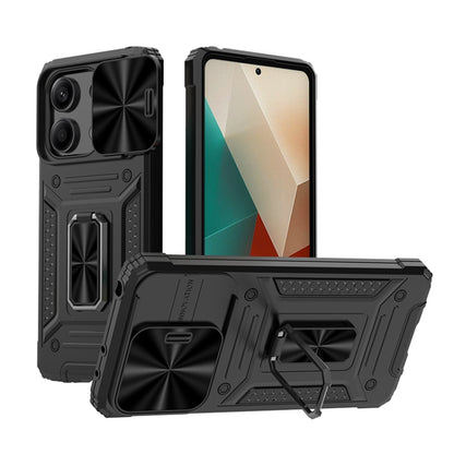 Rugged hybrid phone case with kickstand, black shell, raised camera protection